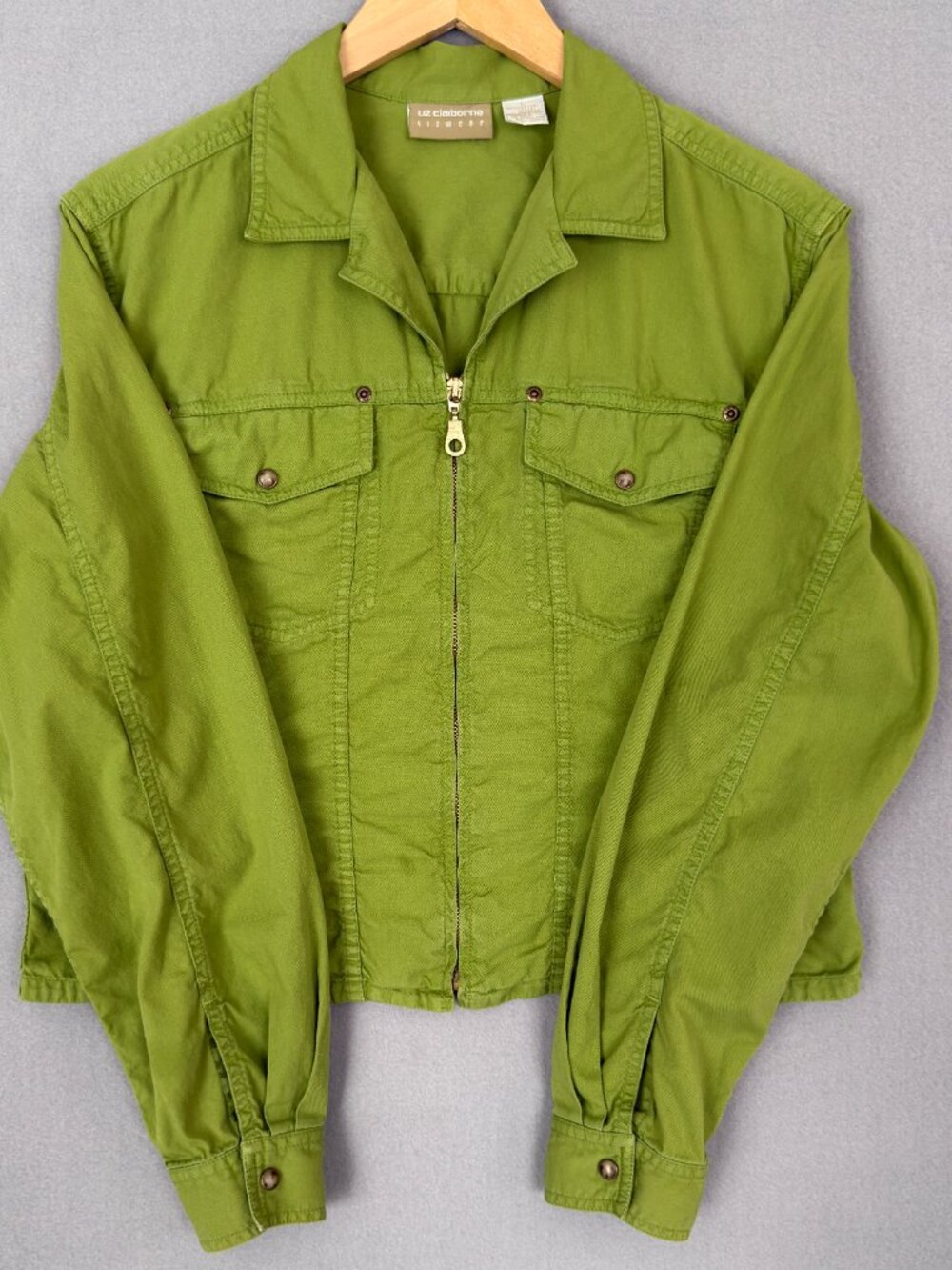 Liz Claiborne Lizwear Cotton Jacket Women’s L Lime Green Utility Zip Front Y2K - Picture 6 of 14